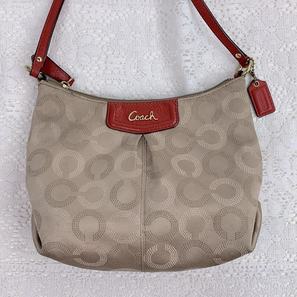 Coach Signature C fabric leather Crossbody Bag Tan Red Satin lined pockets